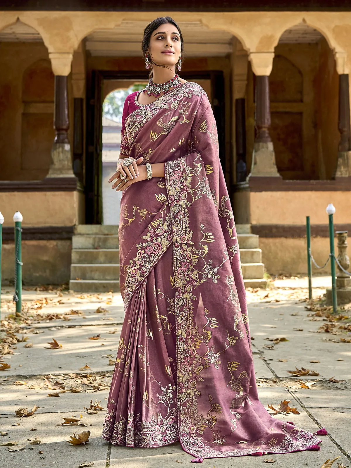 dusty rose gadwal silk saree with elegant embroidery and handwork