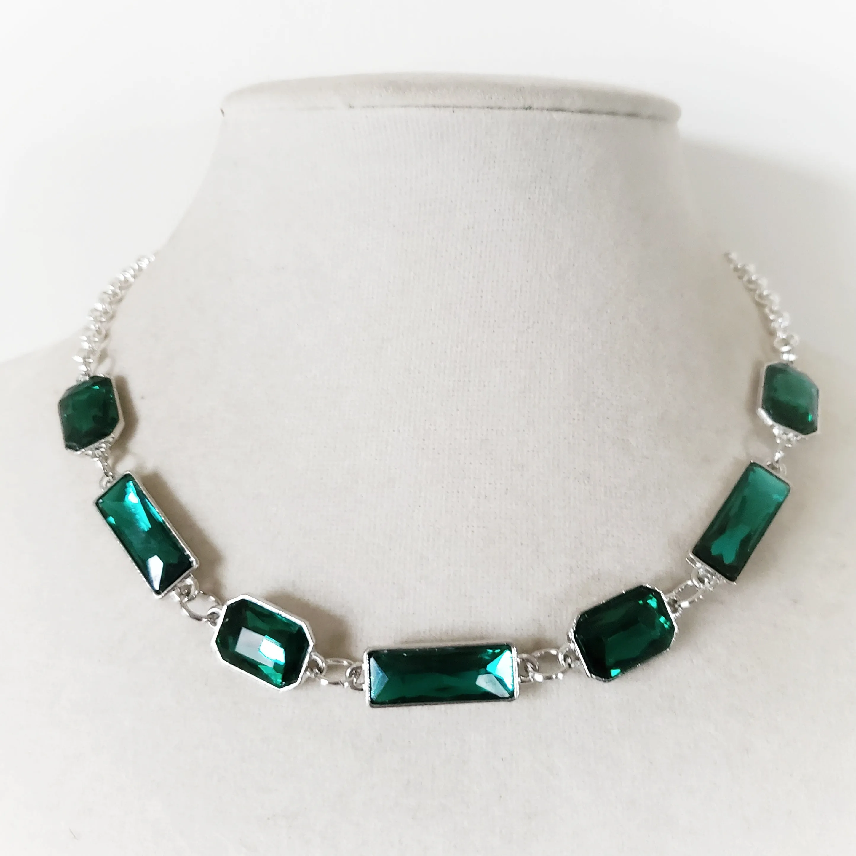 Emerald Cut Rhinestone Necklace in Green or Blue