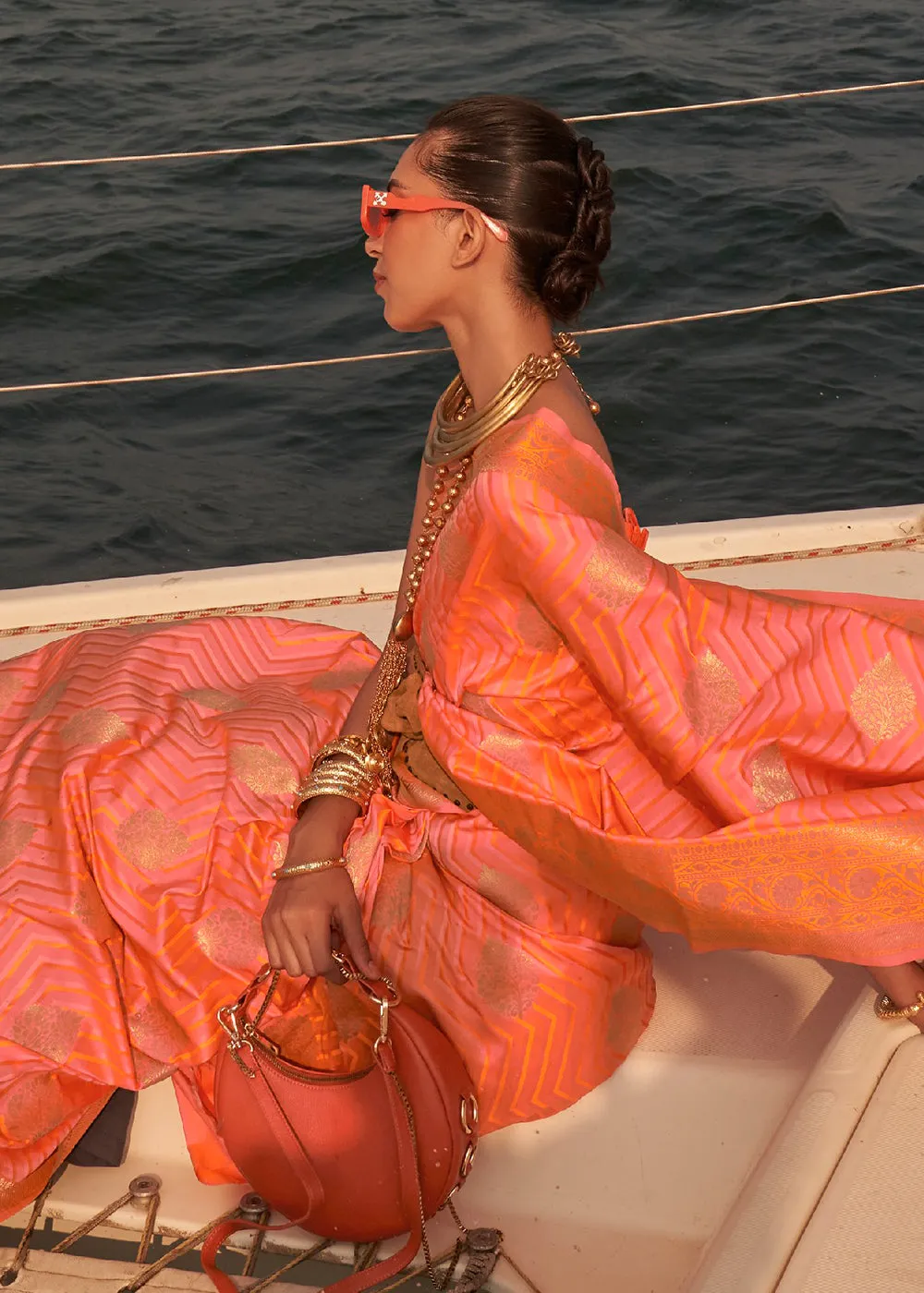 Fabulous Pink-Orange Pure Satin Silk Two Tone Weaving Saree