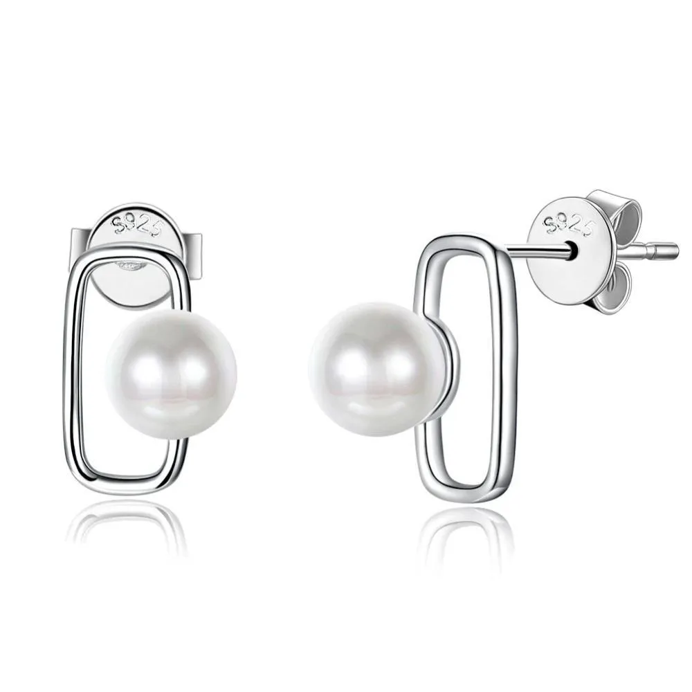 Fashionable 925 Sterling Silver Geometric Design Simulated Pearl Stud Earrings for Women