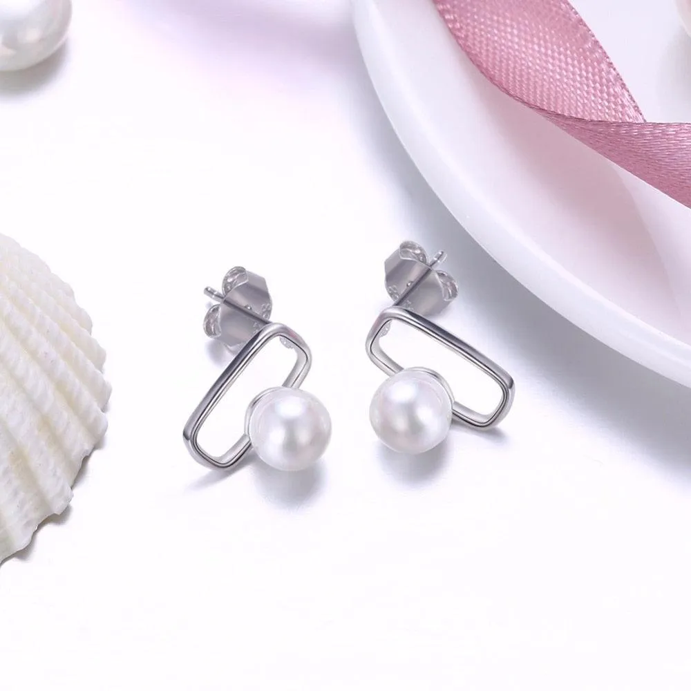 Fashionable 925 Sterling Silver Geometric Design Simulated Pearl Stud Earrings for Women