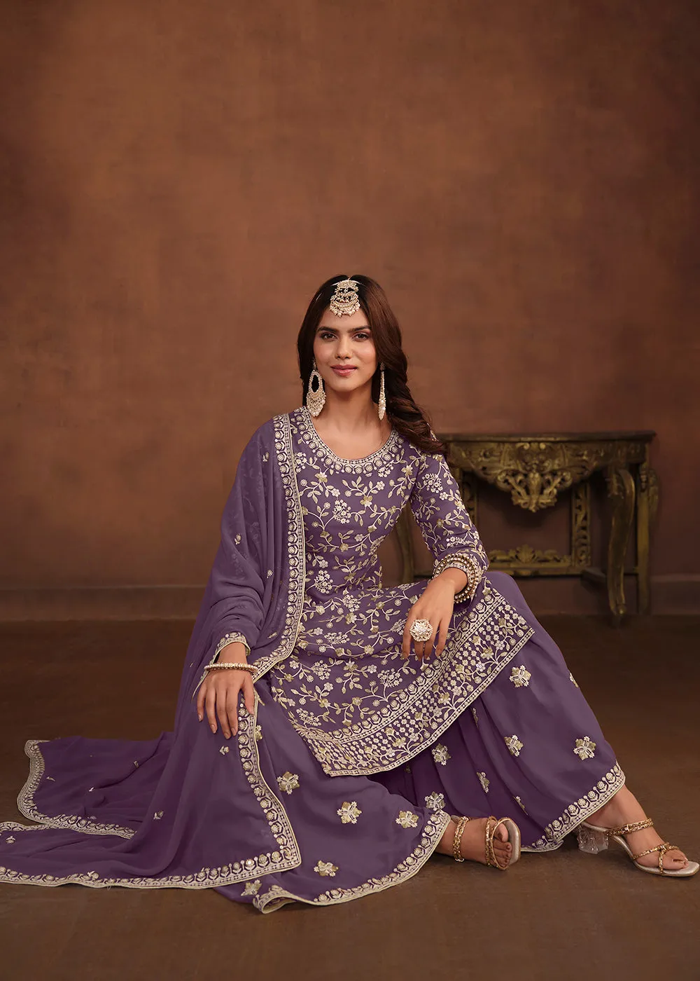 Faux Georgette Purple Embroidered Festive Salwar Suit