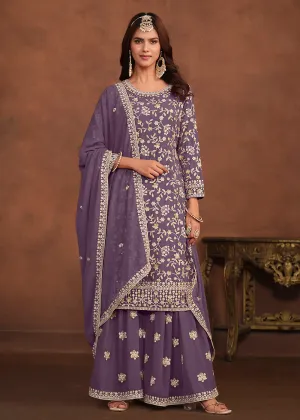 Faux Georgette Purple Embroidered Festive Salwar Suit