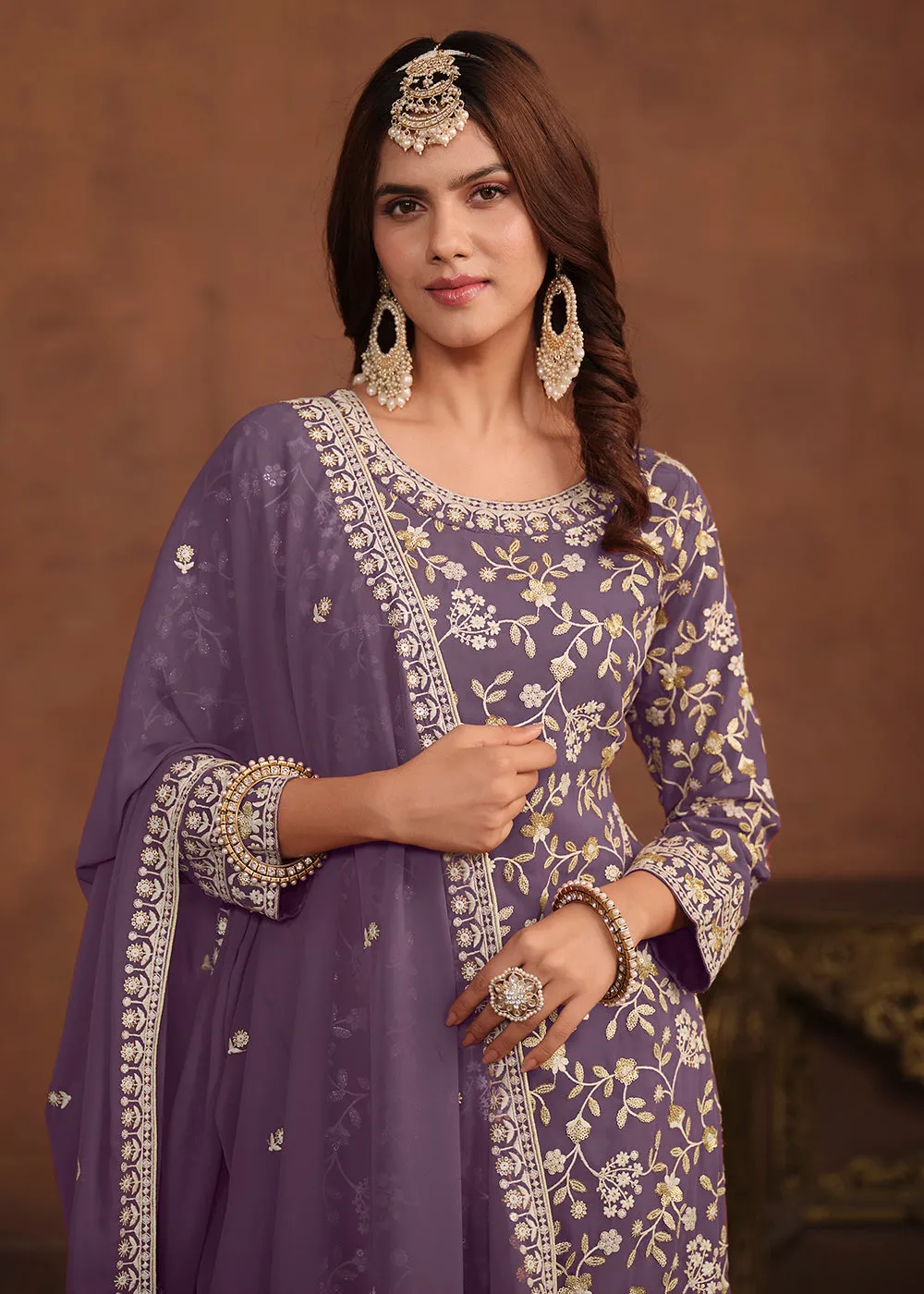 Faux Georgette Purple Embroidered Festive Salwar Suit