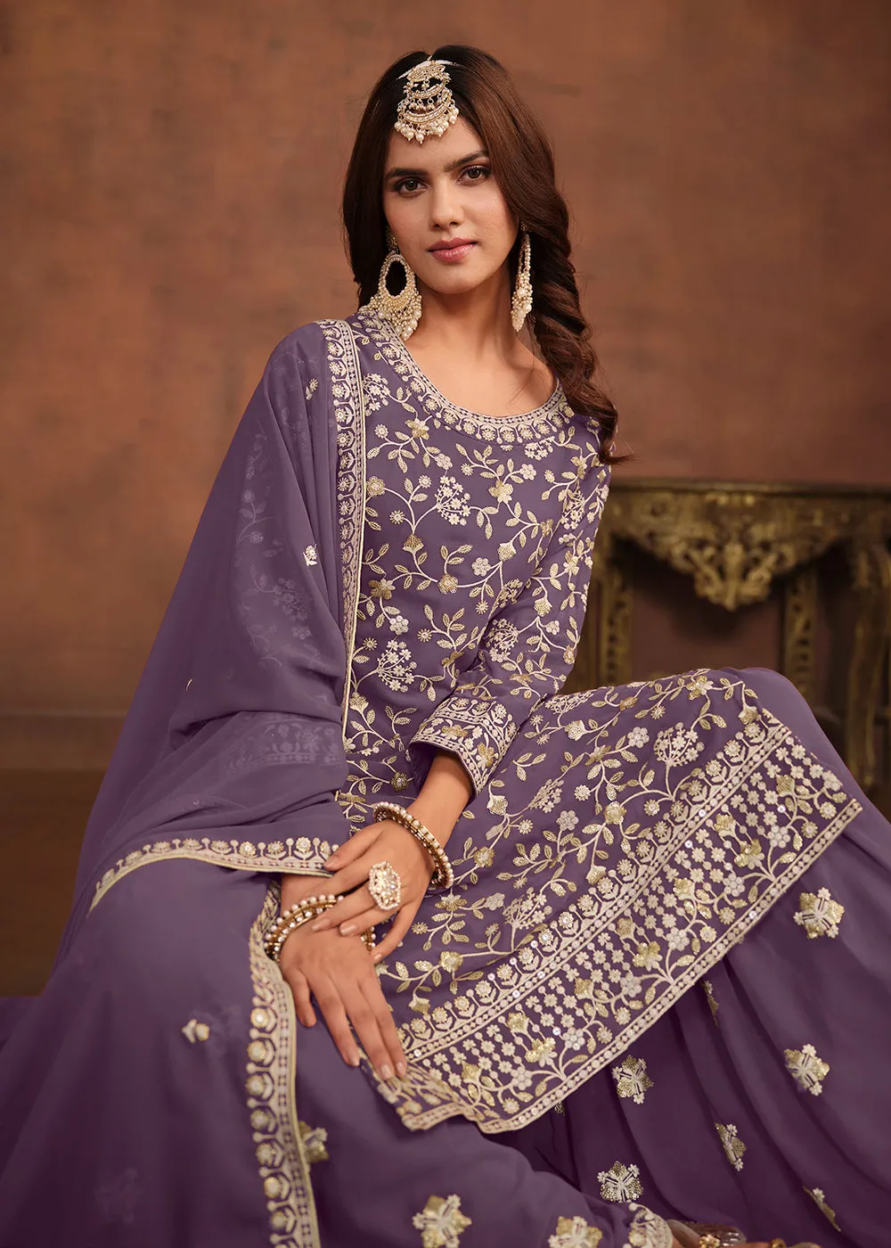 Faux Georgette Purple Embroidered Festive Salwar Suit