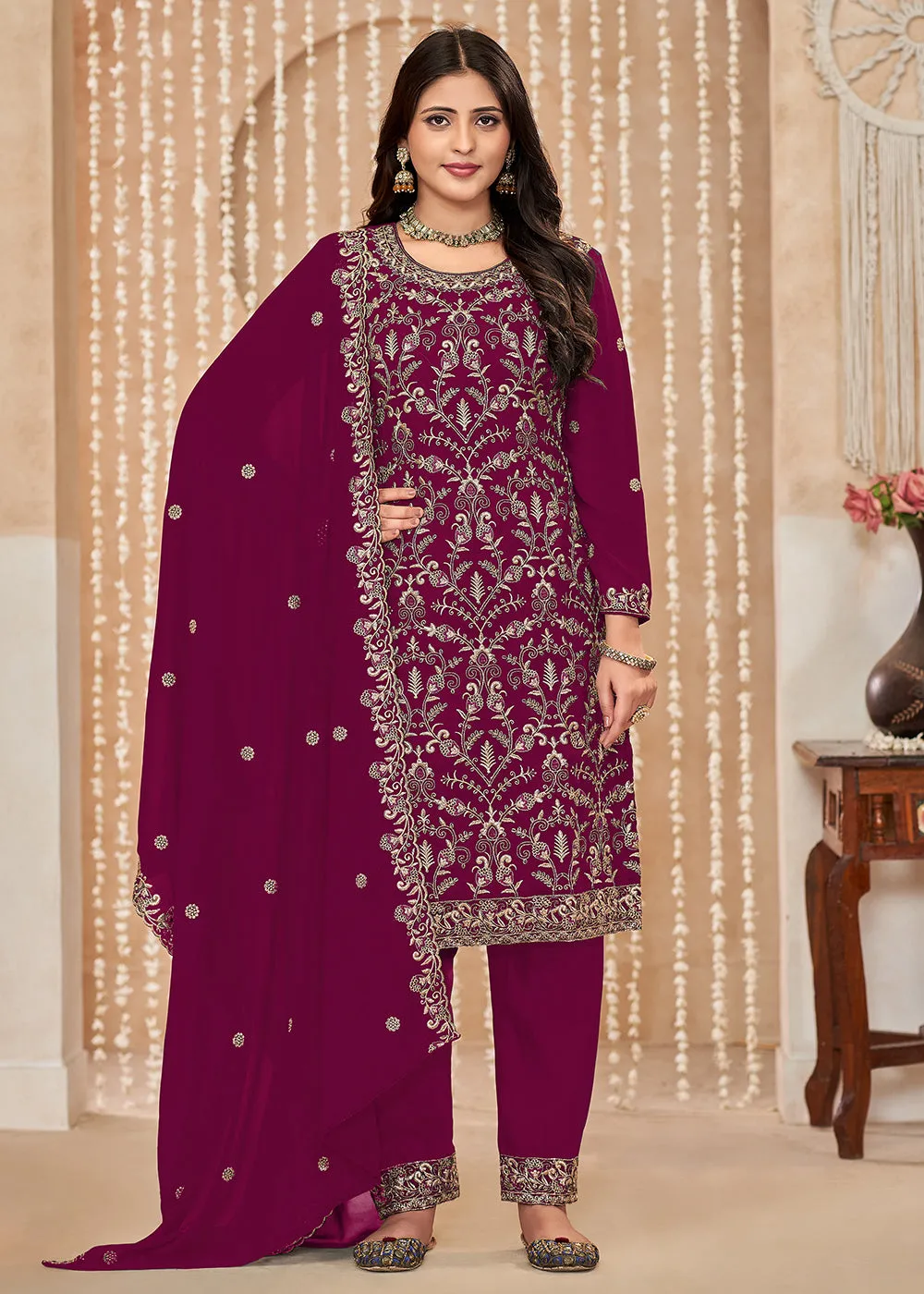 Festive Style Magenta Zari Embroidered Salwar Suit