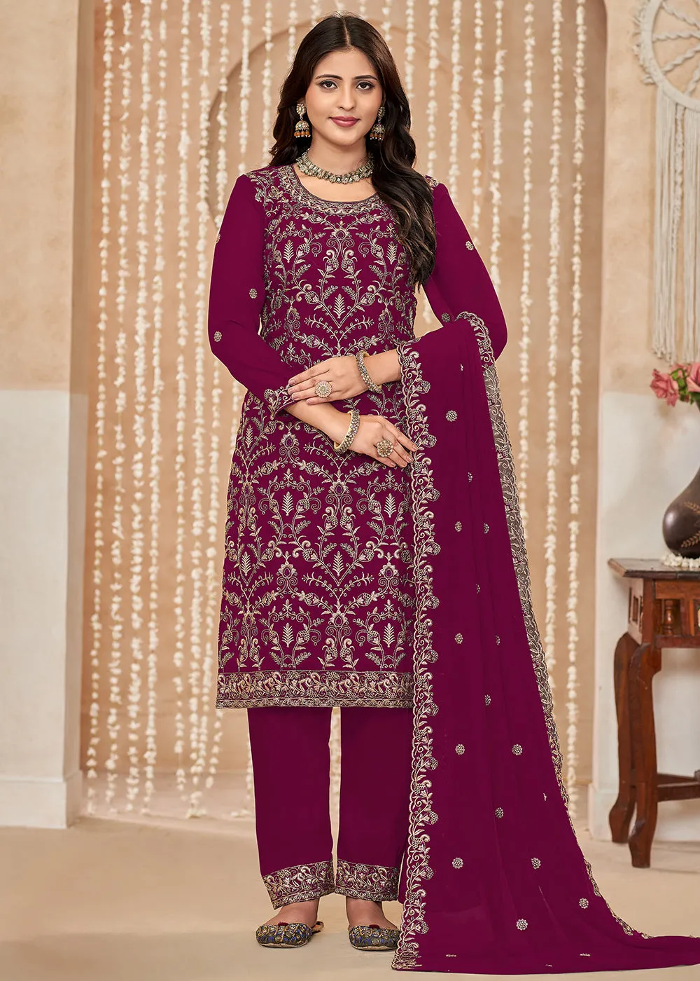 Festive Style Magenta Zari Embroidered Salwar Suit