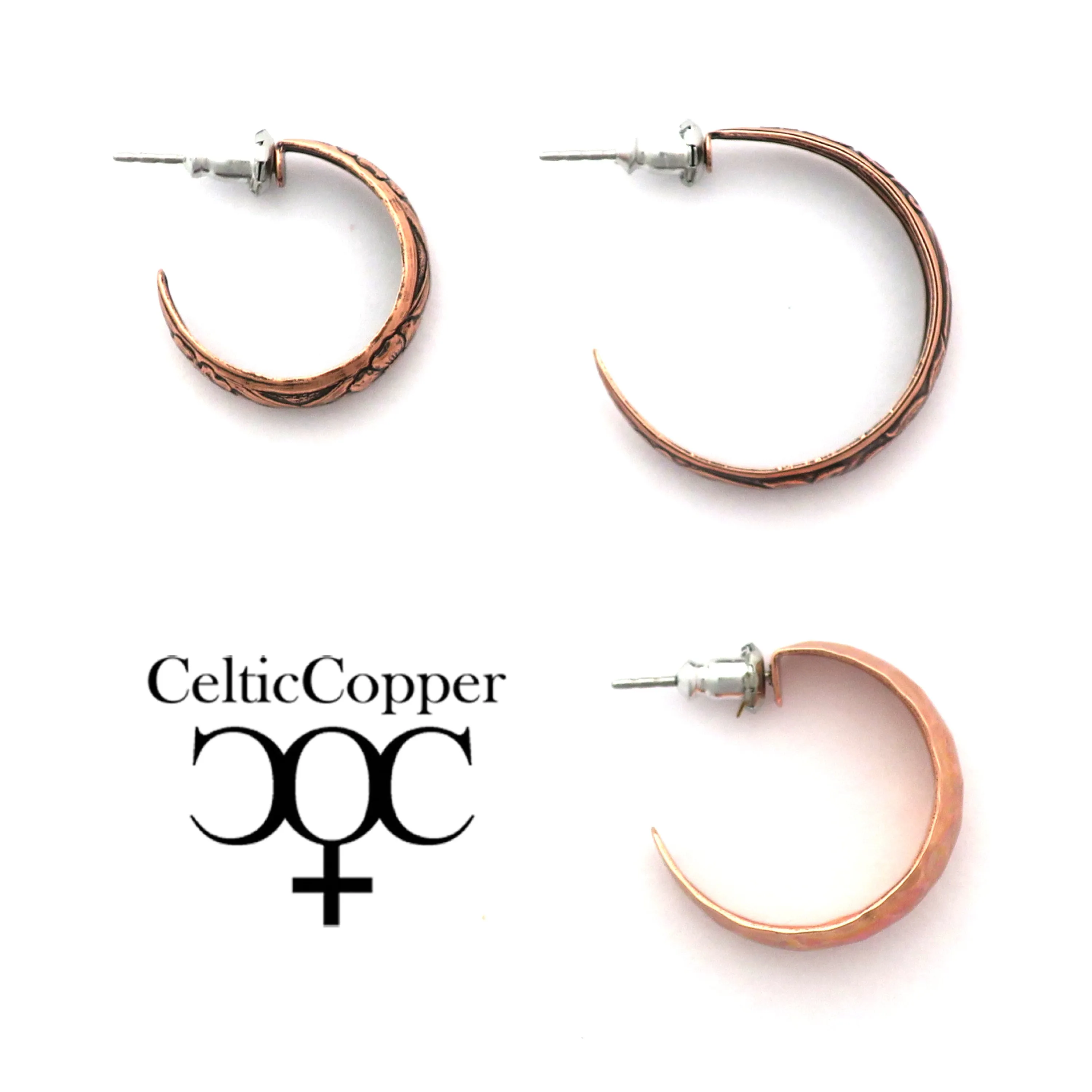 Floral Embossed Copper Hoop Earrings EC80 Solid Copper Jewelry Post Style Copper Hoop Earrings