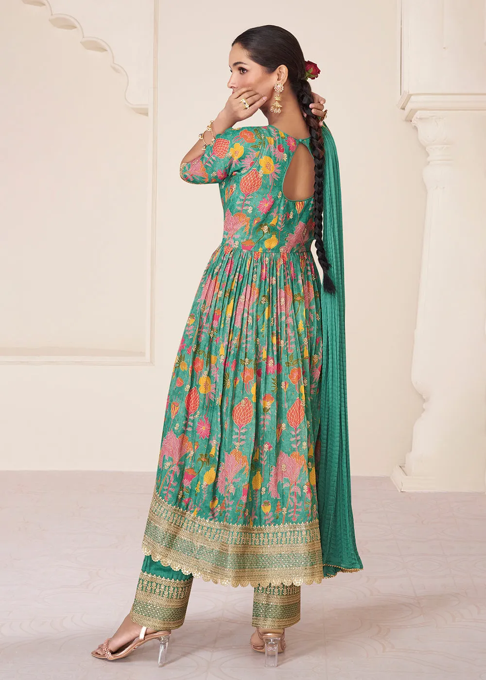 Floral Printed Green Premium Organza Silk Anarkali Suit