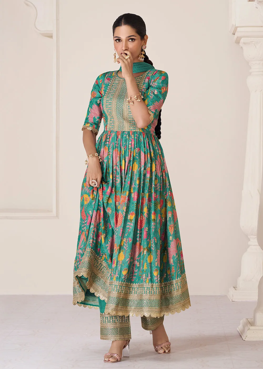 Floral Printed Green Premium Organza Silk Anarkali Suit