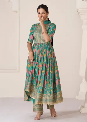 Floral Printed Green Premium Organza Silk Anarkali Suit