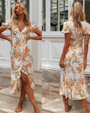 Floral printed V-neck short-sleeved high-waist maxi dress