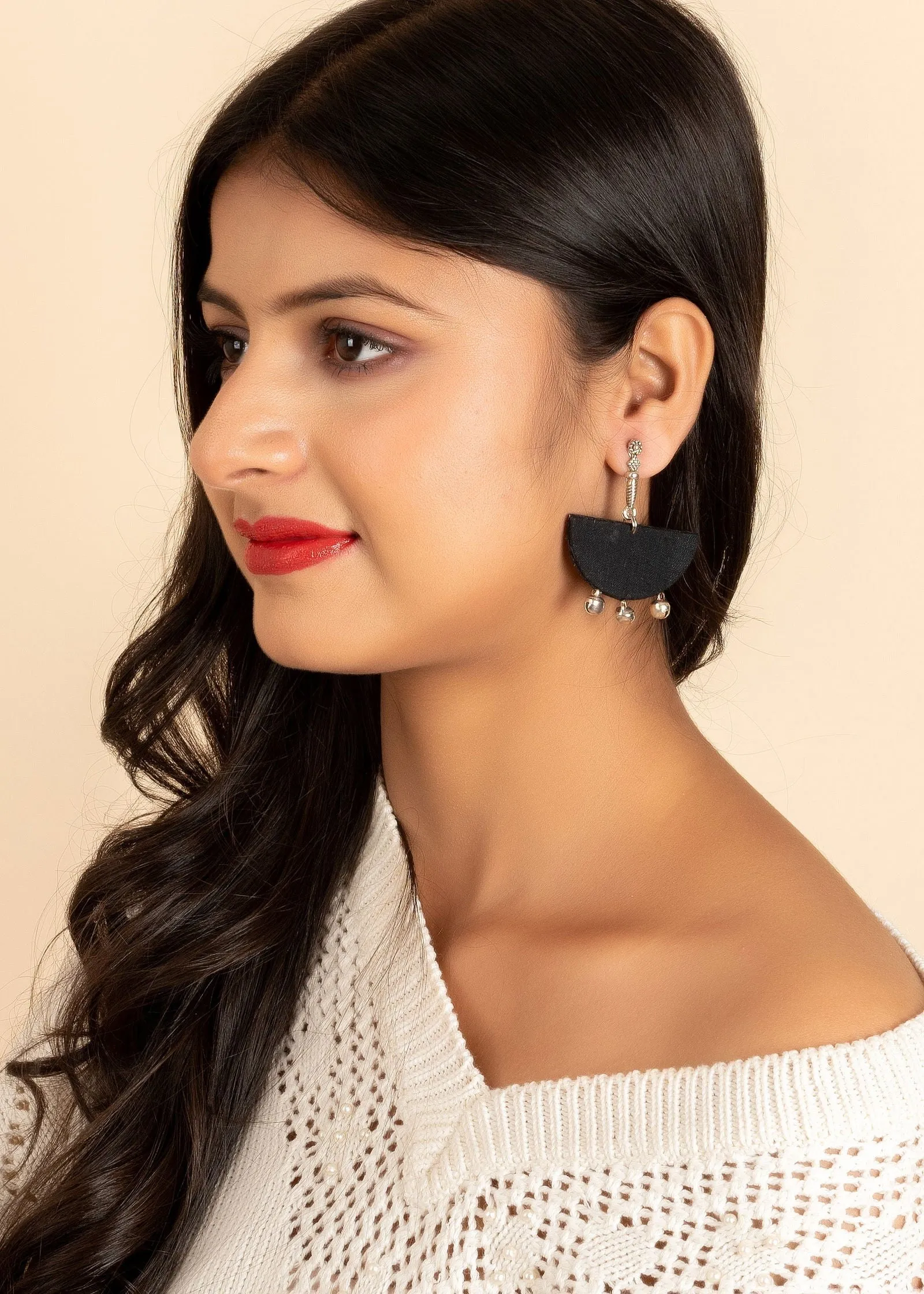 Handmade German Silver Long Stud with Black Fabric Ghungroo Earrings, Non-Allergic Design