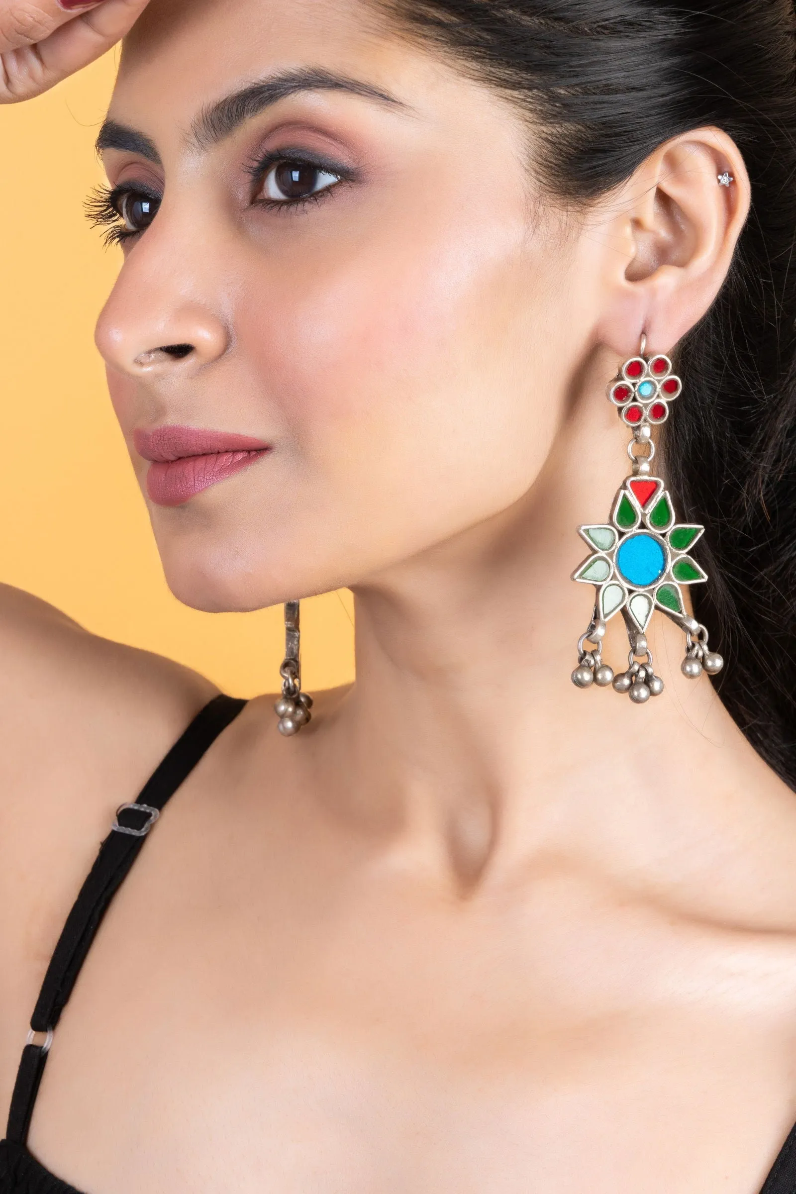 Intricate Red, Blue, Green Floral Glasswork Afghan Replica Dangler Earrings for Global Elegance