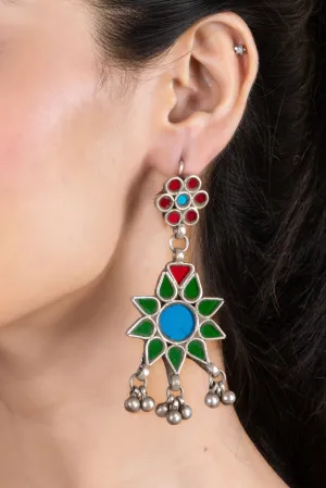 Intricate Red, Blue, Green Floral Glasswork Afghan Replica Dangler Earrings for Global Elegance