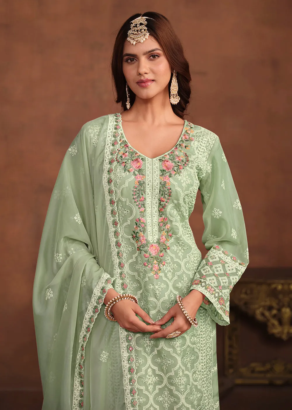 Mint Green Soft Organza Embroidered Festive Salwar Suit