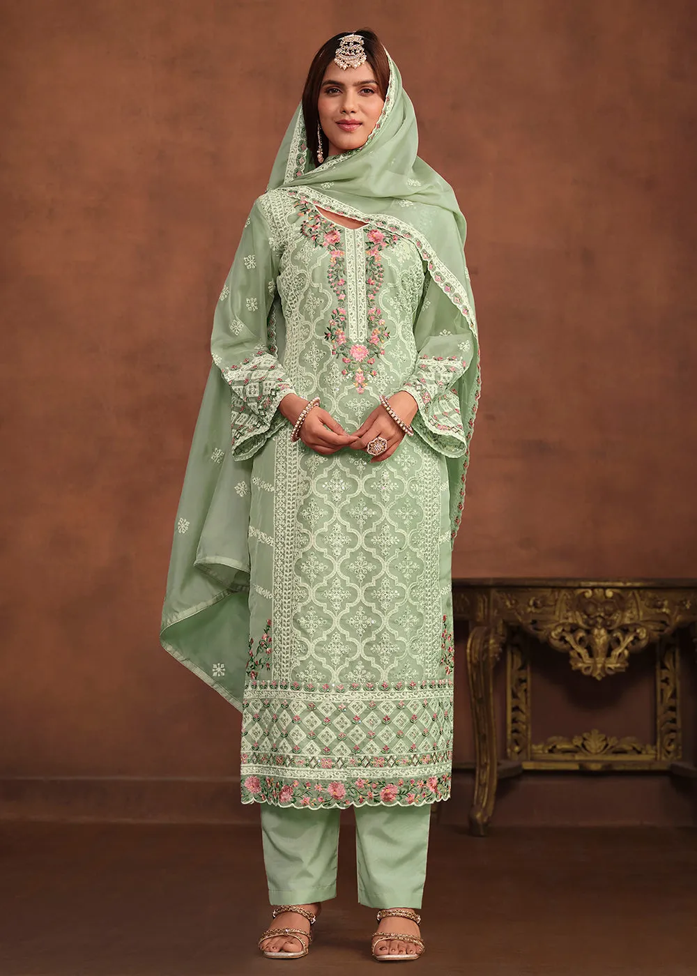 Mint Green Soft Organza Embroidered Festive Salwar Suit