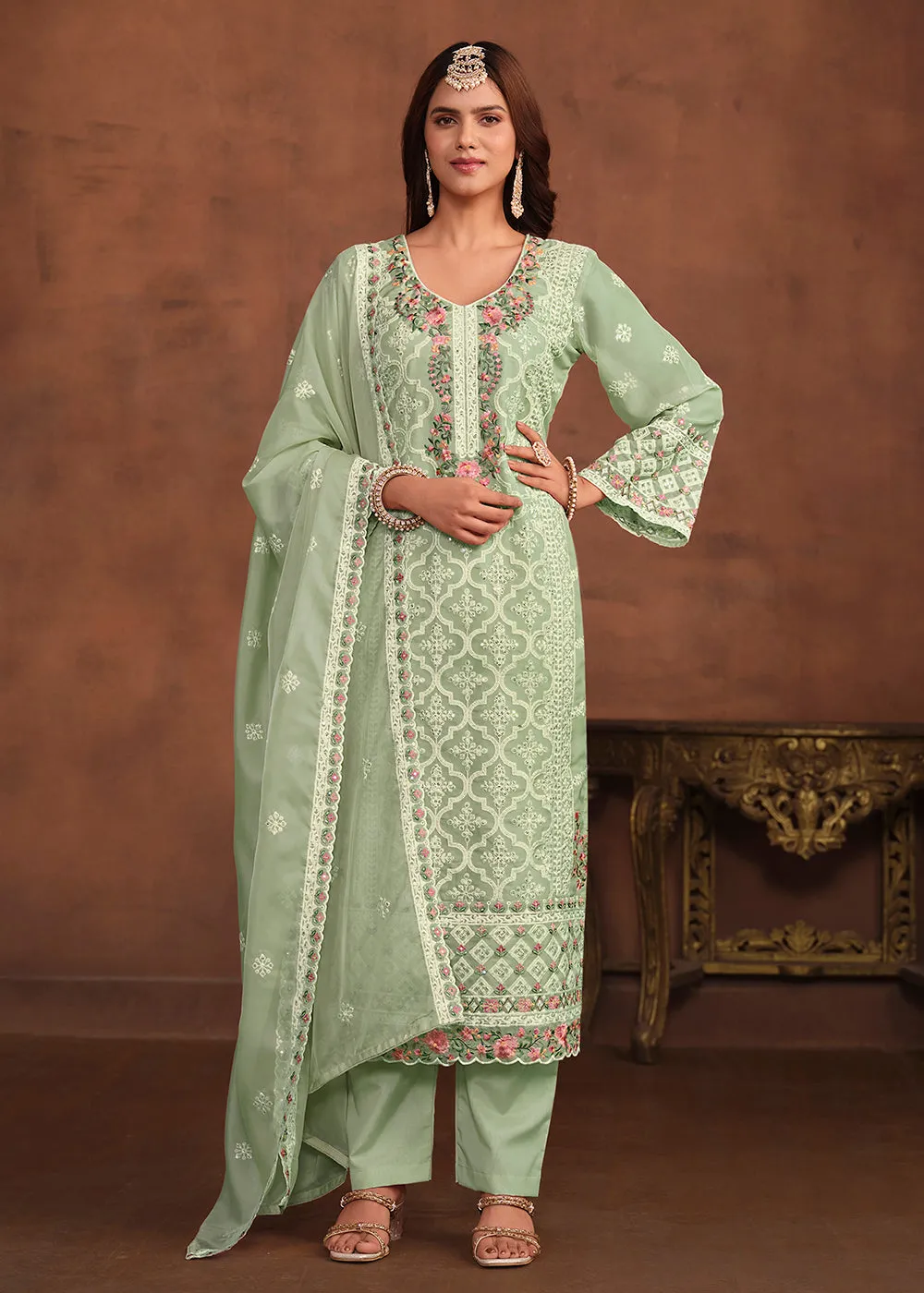 Mint Green Soft Organza Embroidered Festive Salwar Suit