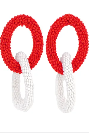 Oval Linked Seed Beads Earrings-Red/White