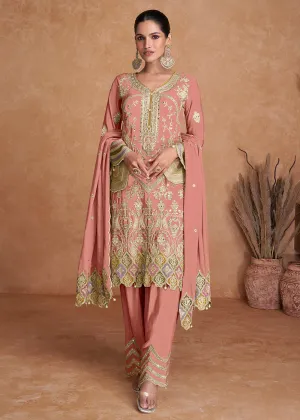 Peach Chinnon Fabric Embroidered Designer Salwar Suit