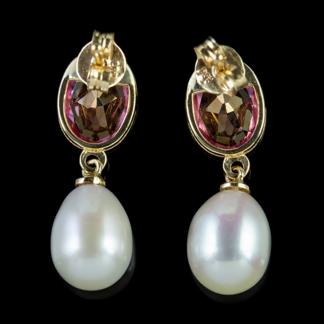 Pink Topaz Pearl Drop Earrings 9Ct Gold