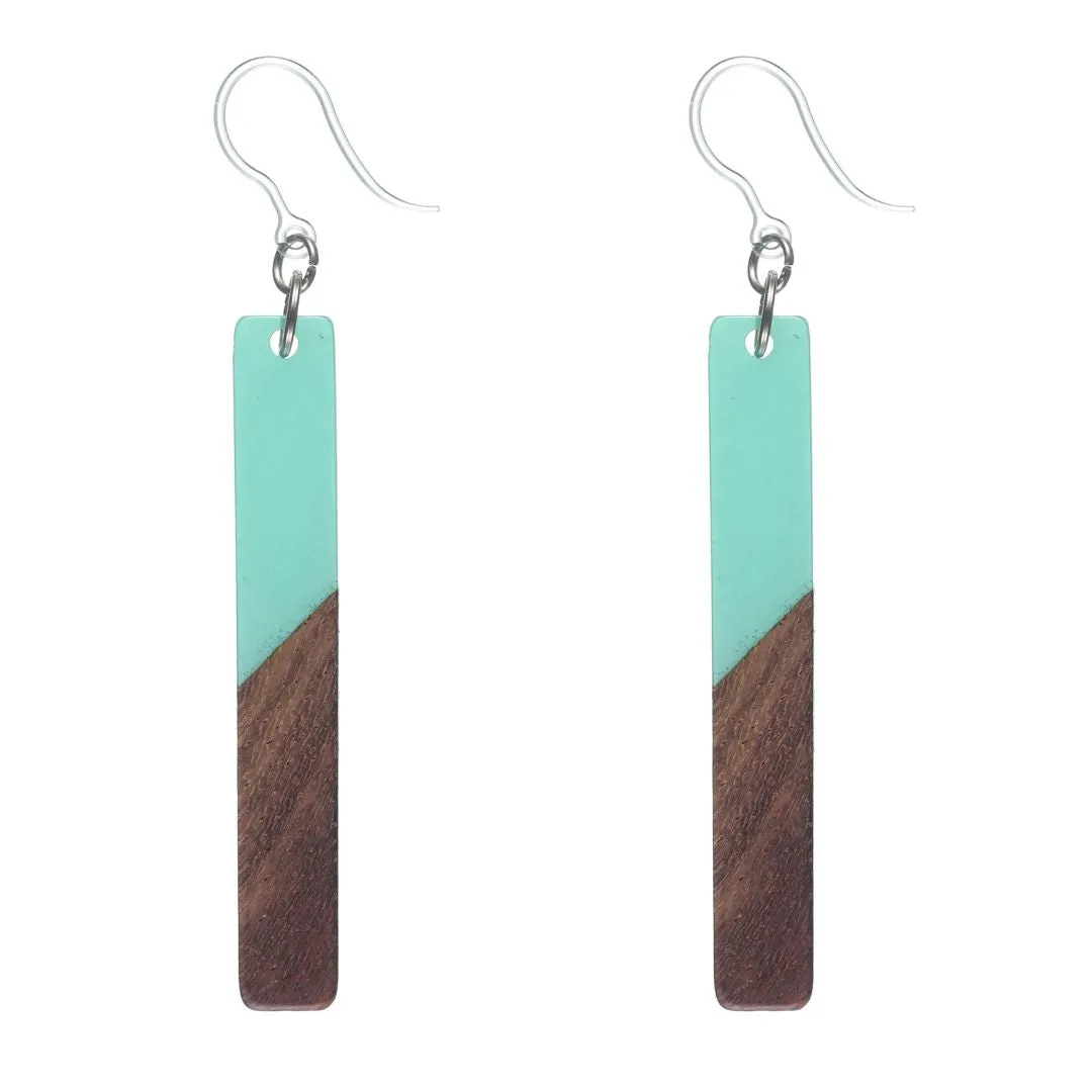 Rectangular Wooden Celluloid Dangles Hypoallergenic Earrings for Sensitive Ears Made with Plastic Posts