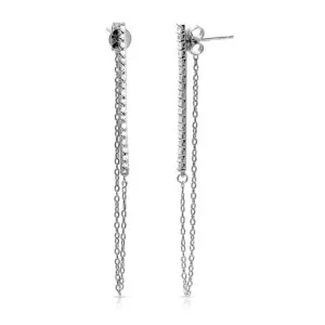 Rhodium Plated Vertical Bar Drop Chain Earrings