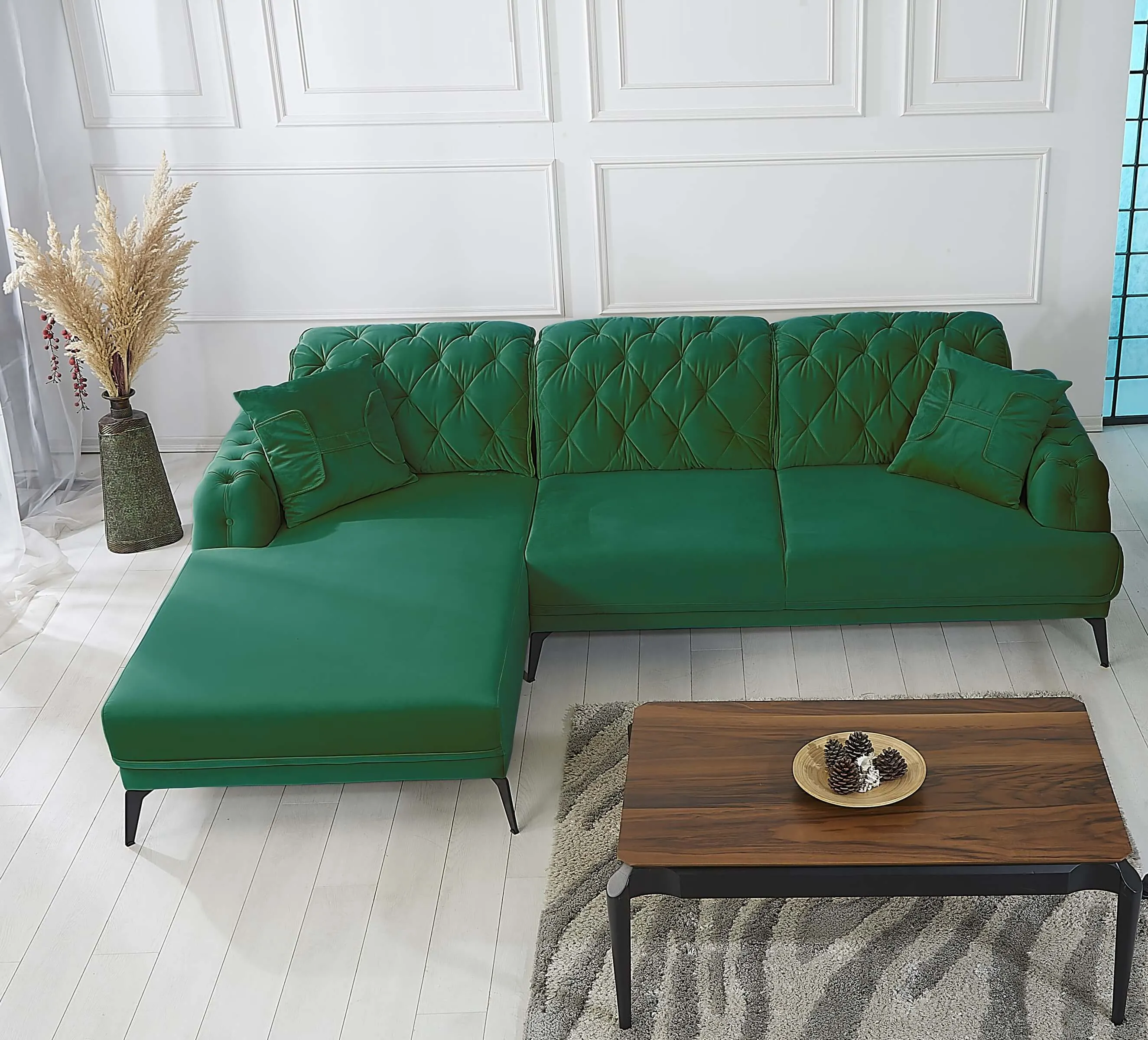 Rubeza Piera Left Hand Facing Chaise End Corner Sofa - Super Emerald Green