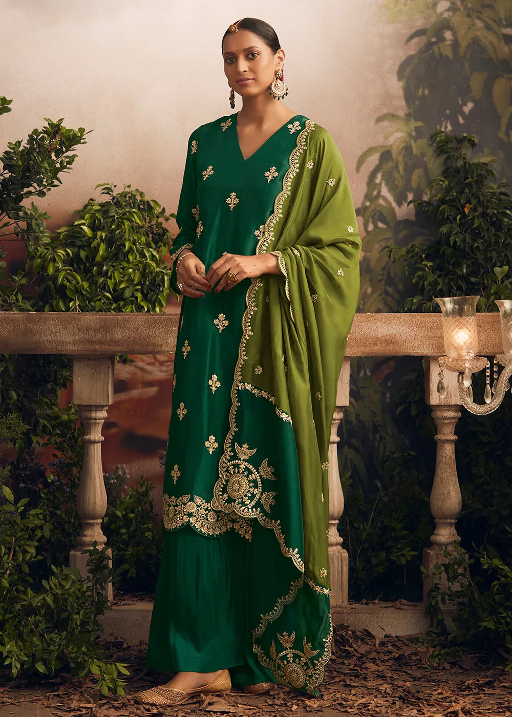 Silk Modale Dark Green Embroidered Festive Palazzo Suit