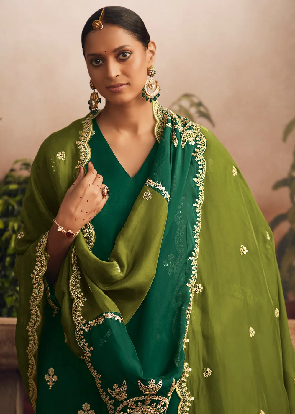 Silk Modale Dark Green Embroidered Festive Palazzo Suit