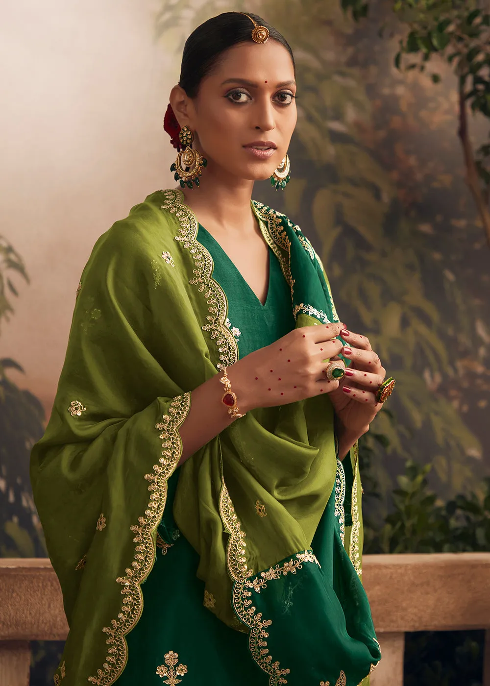 Silk Modale Dark Green Embroidered Festive Palazzo Suit