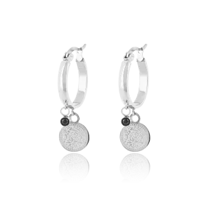 Silver coloured hoop earrings with a coin charm