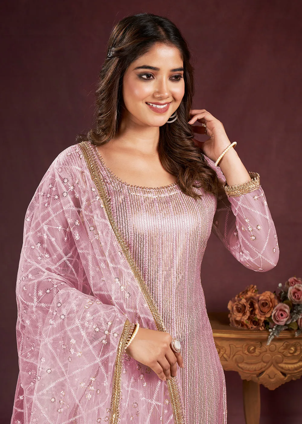 Taffy Pink Butterfly Net Embroidered Festive Salwar Suit