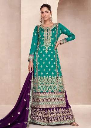 Teal Embroidered Premium Silk Palazzo Suit with Purple Dupatta