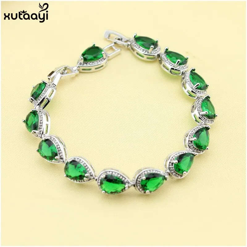 Top Quality 925 Silver Green Imitated Emerald Fancy Necklace Ring Earrings and Bracelet Wedding Jewelry Set