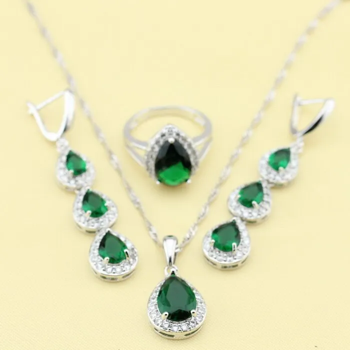 Top Quality 925 Silver Green Imitated Emerald Fancy Necklace Ring Earrings and Bracelet Wedding Jewelry Set