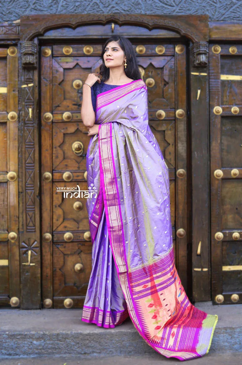 Utsaav ~ Traditional Pure Silk Handloom Paithani ~ Dual Tone Lavender with Purplish Pink Border