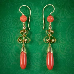 Victorian Style Coral Drop Earrings 18ct Gold