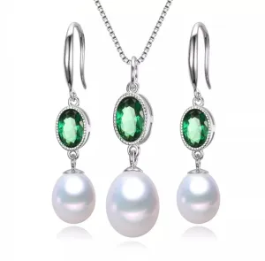 Women's White Pearl and Green Emerald Pendant Earrings Jewellery Set