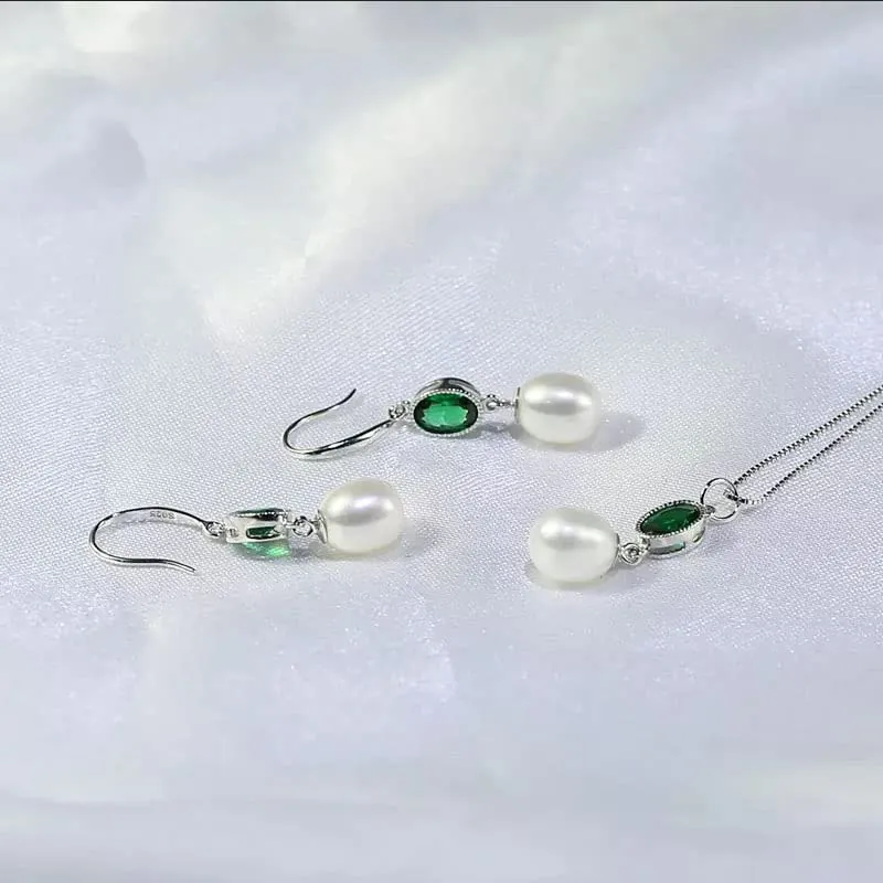 Women's White Pearl and Green Emerald Pendant Earrings Jewellery Set