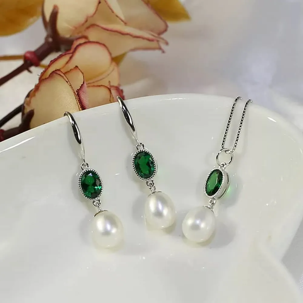 Women's White Pearl and Green Emerald Pendant Earrings Jewellery Set