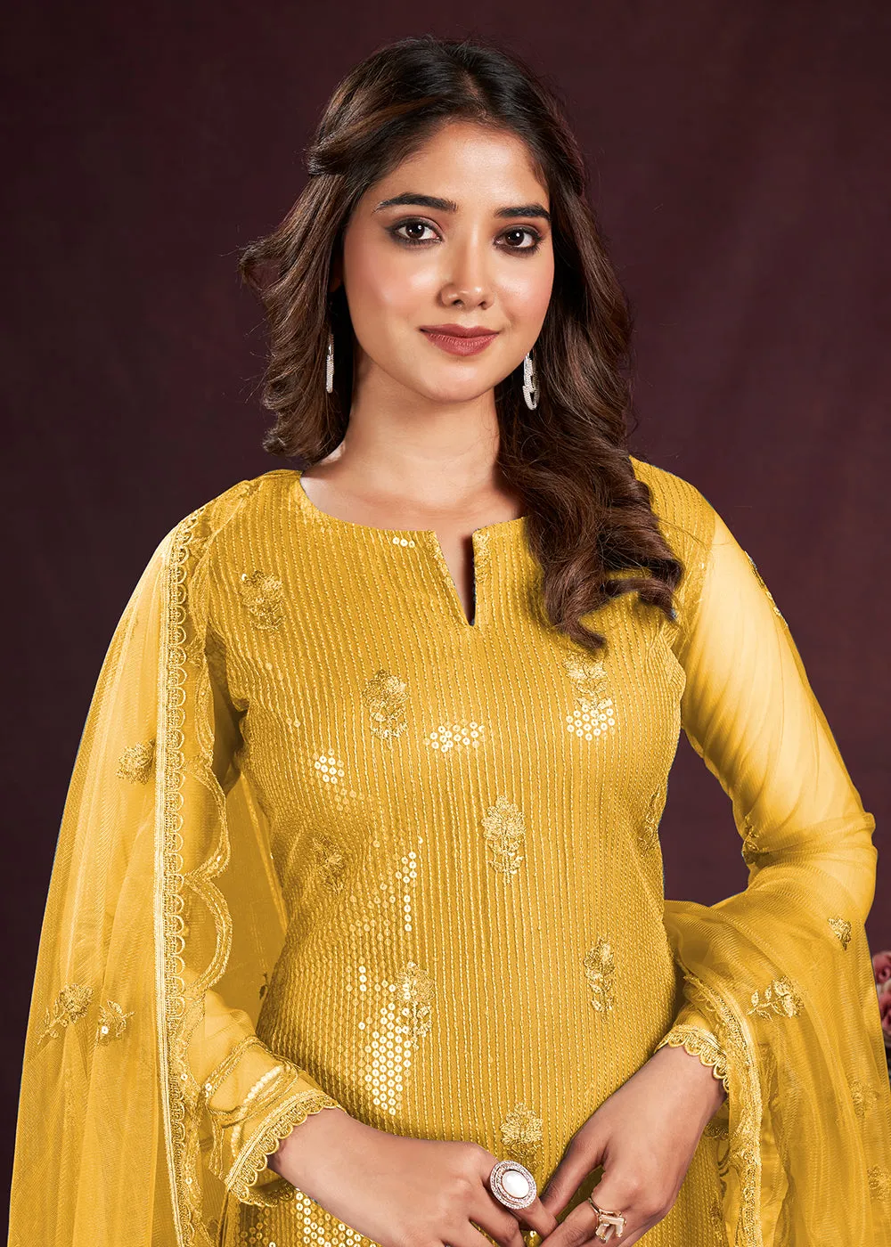 Yellow Butterfly Net Embroidered Festive Salwar Suit