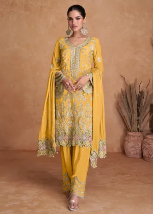 Yellow Chinnon Fabric Embroidered Designer Salwar Suit