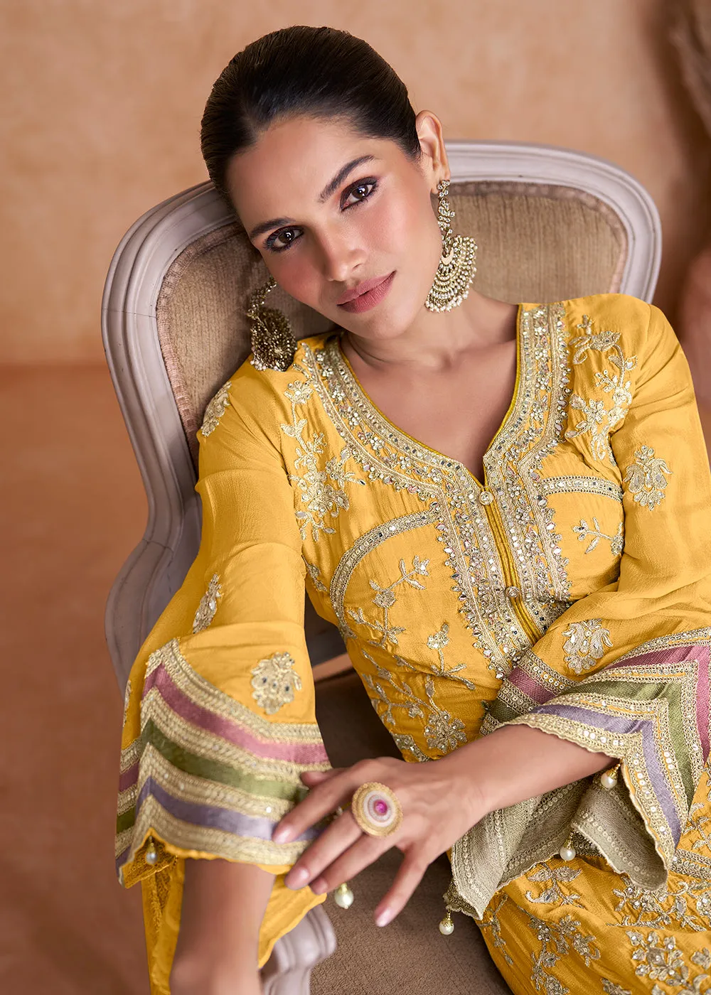 Yellow Chinnon Fabric Embroidered Designer Salwar Suit