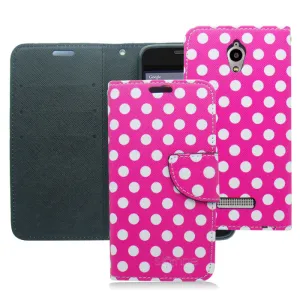 ZTE OBSIDIAN/Z820 PINK POLKA DOTS LEATHER WALLET CASE